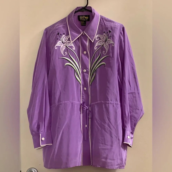 BOB MACKIE NWOT Wearable Art Vintage Silk Floral Embroidered Tie Front Tunic - Picture 1 of 4